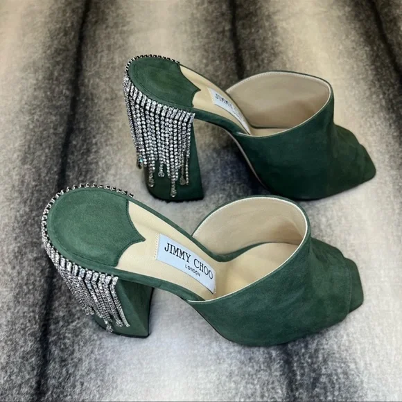 Jimmy Choo Baia 100 mm Crystal Detailed Cactus Suede Mule Sandal Heels - Picture 2 of 10